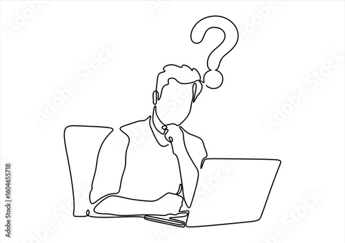 Vector of a thoughtful young man working on laptop at workplace having some questions.  line icon-continuous line drawing. Editable stroke. 
