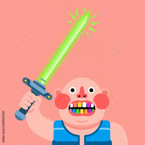 Holding Glowing Sword with Colorful Teeth in Unique Art Style