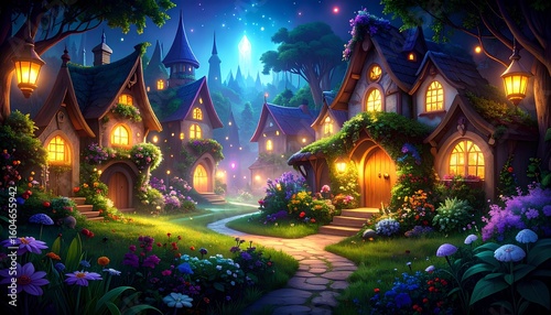 fantasy illustration of a fairy tale village with houses glowing at night.