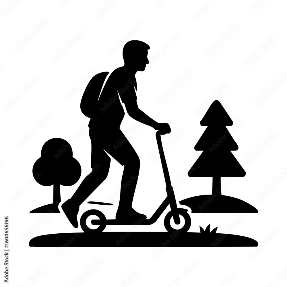 Fototapeta premium Man Riding Kick Scooter Outdoors Icon
