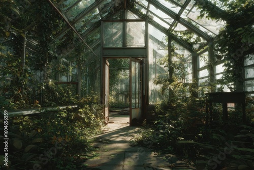 Overgrown plants within vintage greenhouse. Abandonment  garden in background. Plants