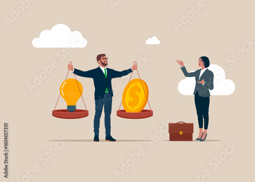 The businessman acts as a scale and weighs the balance gold coin and light bulb. Investment in startup, target, management, invest in new idea. Balance money and ideas. Flat vector illustration. 