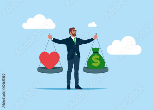 Businessman as a scale. Life is worth more than money. Compare health to money. Flat vector illustration