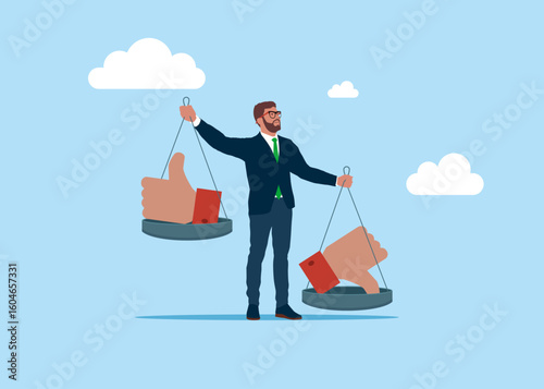 Businessman as a scale. Balance on seesaw with thumb up and thumb down. Modern vector illustration in flat style