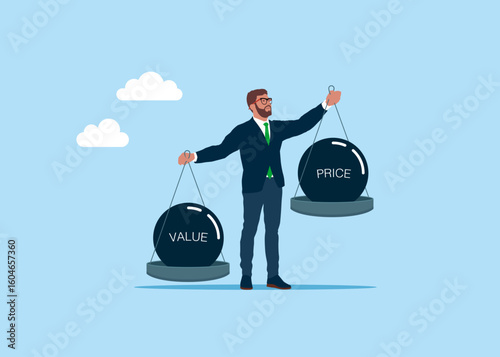 Businessman as a scale. Value Balance and Price balance on the scale. Principles and business ethic to do right things. Modern vector illustration in flat style