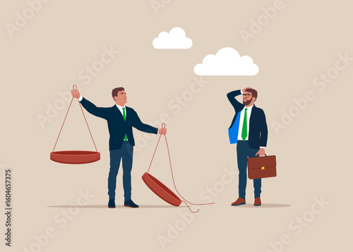 Businessman as a scale. Broken scale of justice. Corrupt politics. Flat vector illustration