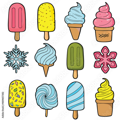 Vibrant collection of colorful ice cream treats and frosty snowflakes