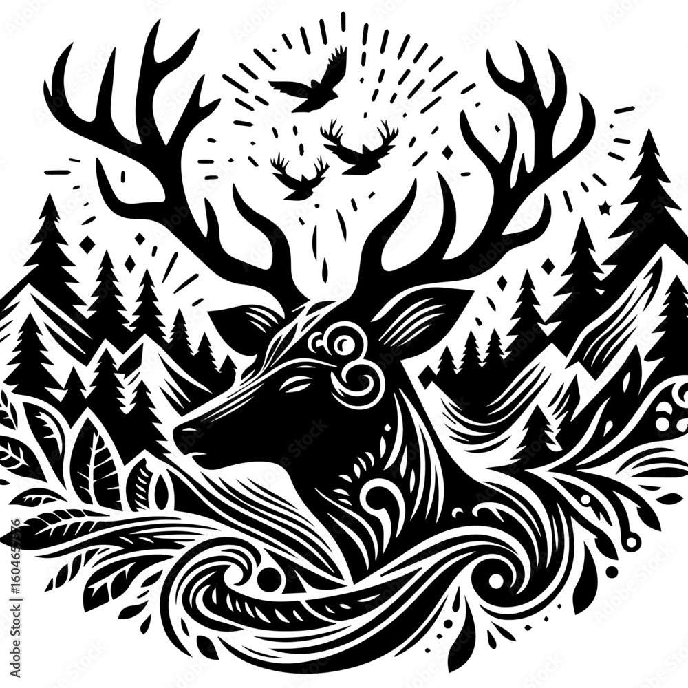 Fototapeta premium Majestic Stag with Antlers and Forest Scene.