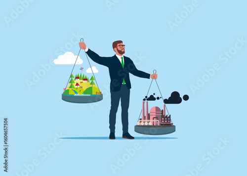 The businessman acts as a scale and weighs the balance. Climate Change Problem. Environment Polluted by CO2 Emission. Net zero emissions and carbon dioxide CO2 neutral balance people. Vector