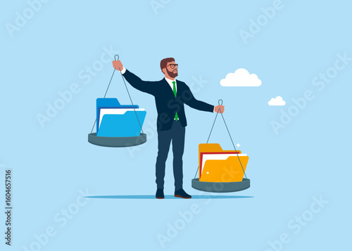 The businessman acts as a scale and weighs the balance. Comparison of two variants of folders. Modern vector illustration in flat style