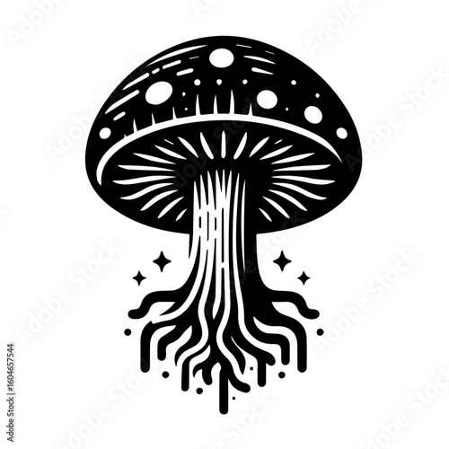 Mystical Mushroom with Intricate Root System and Stars.