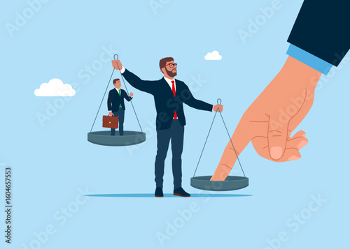 The businessman acts as a scale and weighs the balance. The Illegally influencing the legal system for an unfair advantage. Flat vector illustration