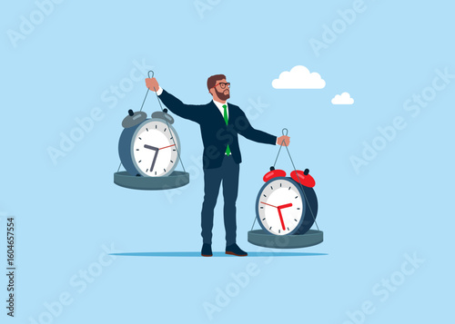The businessman acts as a scale and weighs the balance. Comparison of two variants of clock. 24-7 support service,  working hours. Modern vector illustration in flat style