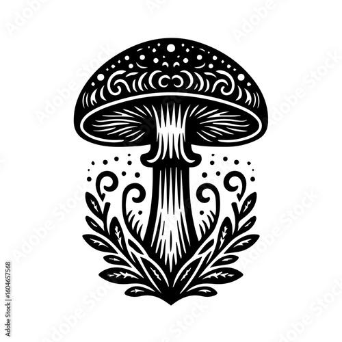 Ornate Black and White Mushroom Illustration with Foliage.