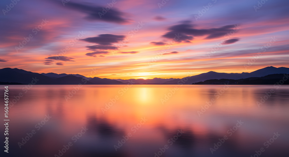 Naklejka premium Stunning sunset over a calm lake with vibrant colors reflecting on the water surface