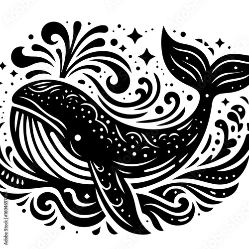 Stylized Black Whale with Swirling Water and Stars.