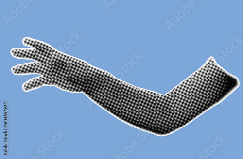 close up gesture of children hand grabbed pixelate black and white color halftone dotted texture style collage element isolated on blue background. side view.