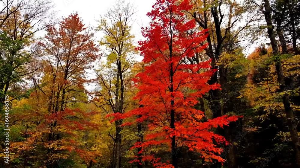 Fiery red and golden autumn leaves blanket the forest landscape, painting a vibrant scene of nature's seasonal beauty. Background HD Video Fiery red and golden autumn leaves blanket the forest landscape, painting a vibrant scene of nature's seasonal beauty. Background HD Video