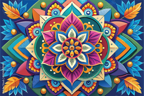 Vibrant Intricate Rangoli Design with Cat Illustration Elements