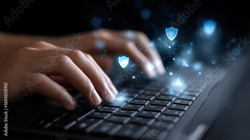 Hands typing on a keyboard with digital shield icons representing cybersecurity and data protection in a dark tech environment.
