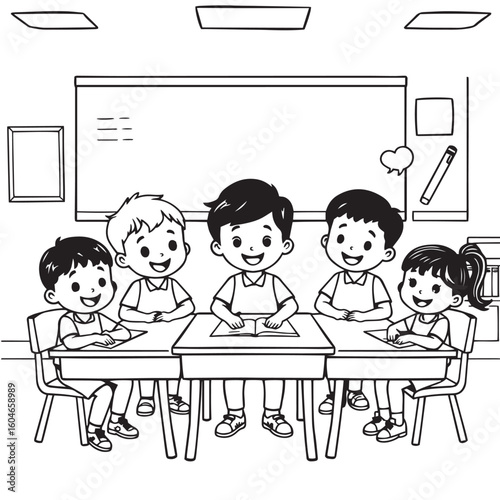 Kindergarten class cartoon set vector design concept black and white illustration.