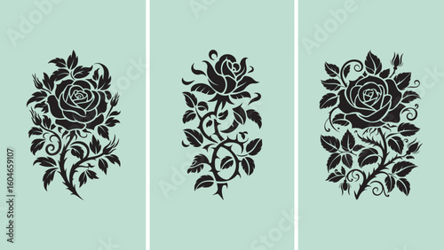 Black Rose Floral Tattoo Vector Clipart Design. Decorative Flower Silhouette Design for Tattoos, Stickers, Stencils, and Prints