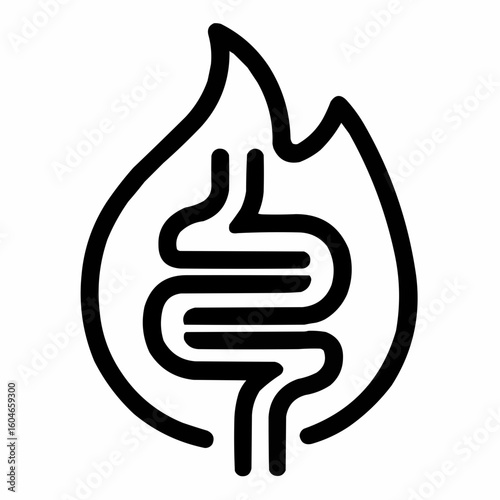 Metabolism. Flame-shaped digestive tract with energy waves. Active body metaphor