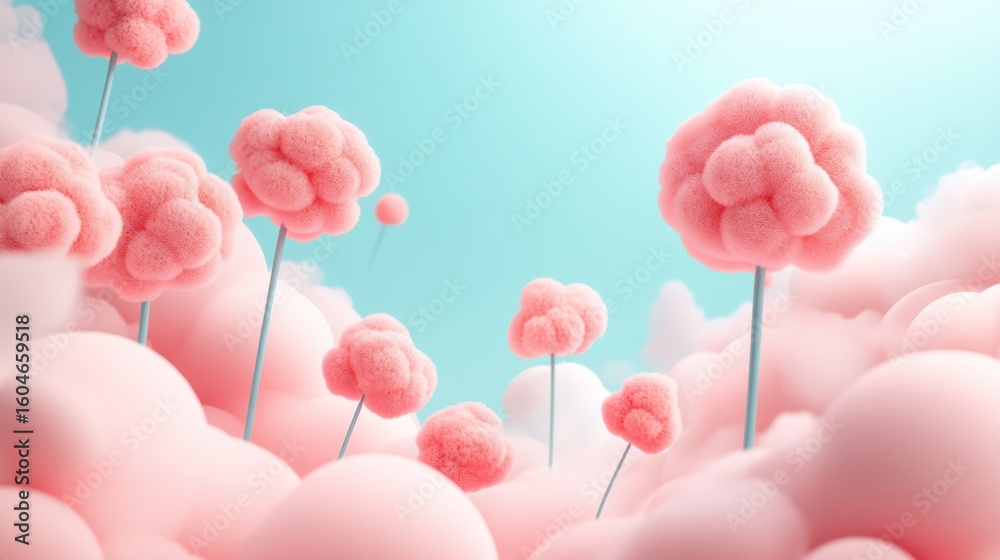 Obraz premium Soft pink fluffy flowers bloom on thin stems above pastel clouds against a clear blue sky, creating a whimsical and dreamy landscape.