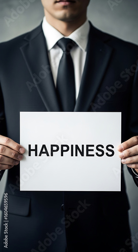 Businessman Holding Happiness Sign White Paper Dark Suit