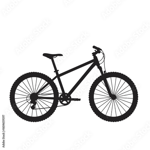 Silhouette of a mountain bike with knobby tires and a raised seat