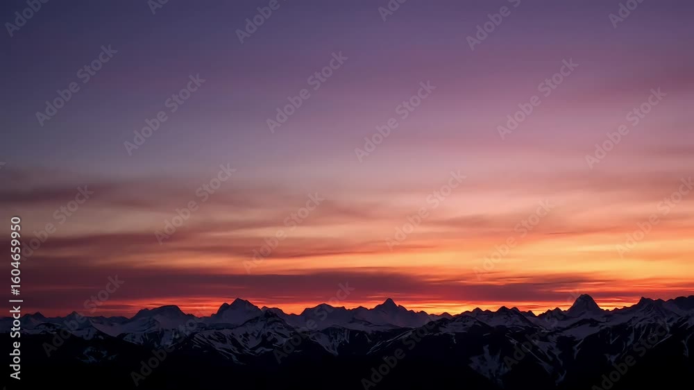 Orange and red clouds drift across a mountain landscape at dusk. Horizontal Background HD Video