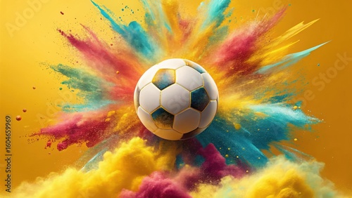 Soccer ball exploding with colorful powder isolated on white background