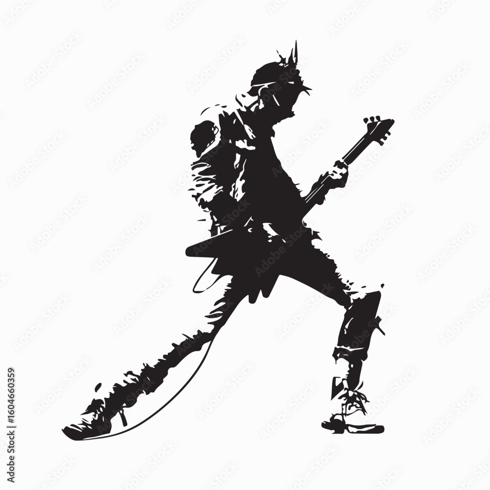 Fototapeta premium Energetic rock singer playing guitar and performing live under concert lights and smoke