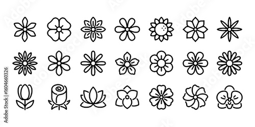 Fototapeta Naklejka Na Ścianę i Meble -  Flowers editable stroke outline icons set isolated flat vector illustration.