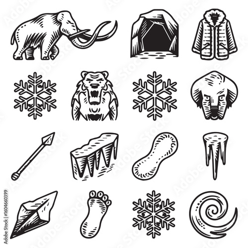 Vintage prehistoric icons depict mammoth, cave, ice, animals, and tools