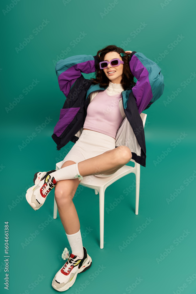 Young woman shows off a trendy sporty outfit against a bright turquoise backdrop Young woman shows off a trendy sporty outfit against a bright turquoise backdrop