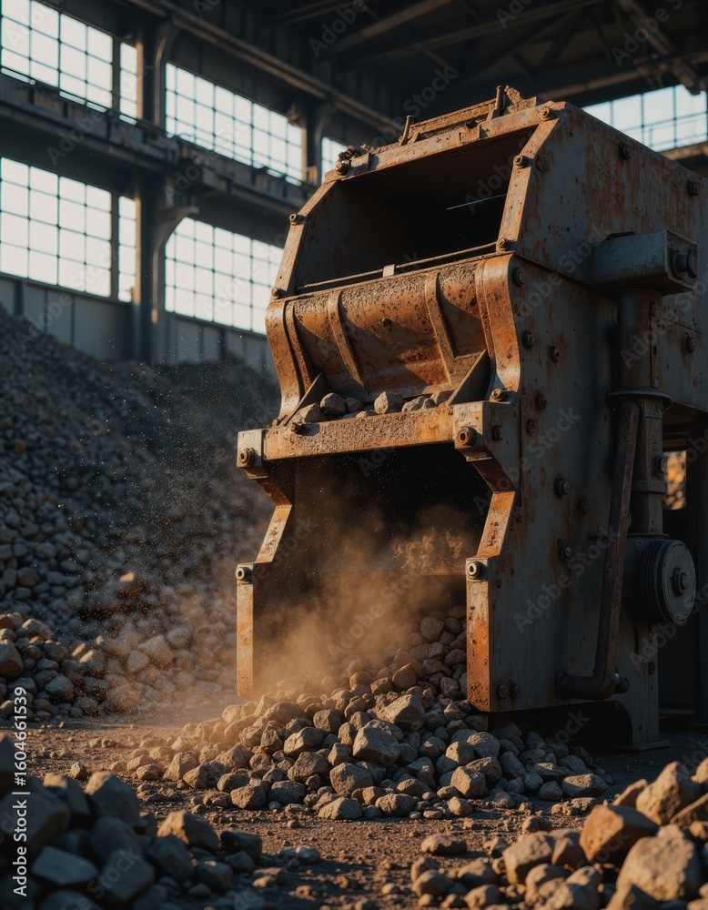 Fototapeta premium Mining crusher machine processing raw ore in an industrial setting
