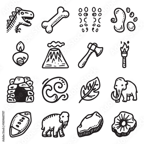Explore prehistoric life with charming hand-drawn icons of dinosaurs, mammoths, and ancient tools.