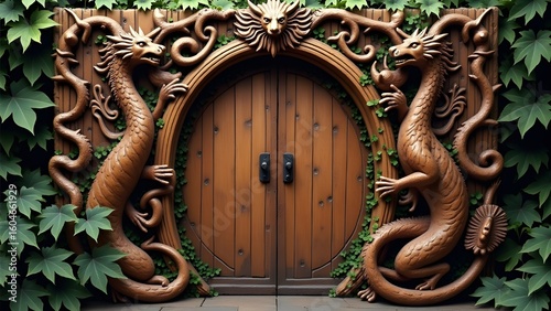 Wooden Door Carving with Mythical Creatures Beauty	