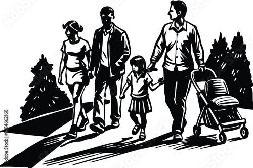 family with kids walking on pavement