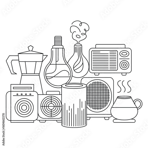 Collection of kitchen appliances and home electronics in a line drawing style