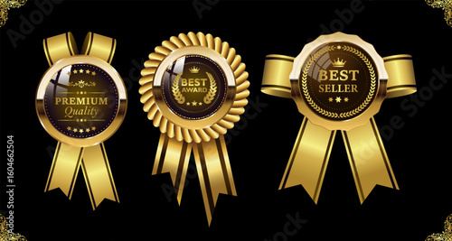 Golden luxury labels and banners, gold badge vector .Best seller,certificate seal,Best award, ribbon, VIP, super quality sticker tags and banners for best product seals, top no 1 brand golden crown