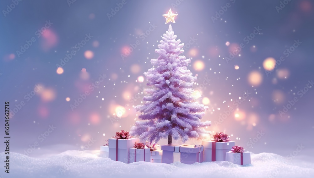 Obraz premium Enchanting Purple Christmas Tree with Gifts in Snowy Winter Wonderland