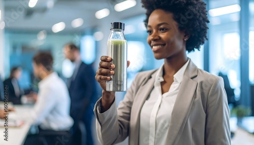 Woman holding a reusable water bottle in an office