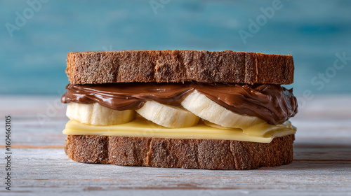 A close up of a sandwich with chocolate spread banana and cheese on a wooden surface