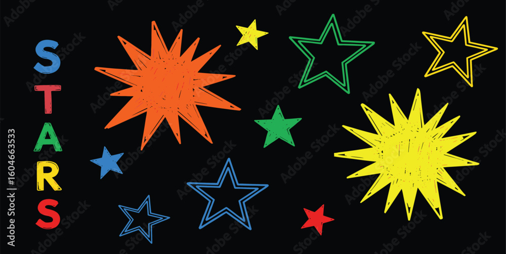 Obraz premium Collection of crayon drawn funky colorful stars. Fun kid star shapes. Childish drawing cosmic illustration. Set of doodle sparks and sparkles.