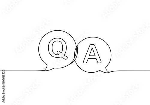 A continuous line drawing of two overlapping speech bubbles with the letters q and a inside