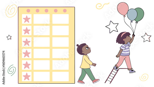 Illustration of children reaching for stars with balloons and ladder next to a chart with star stickers