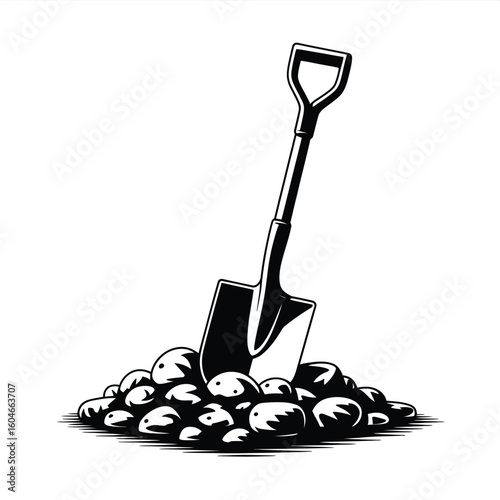 Vintage illustration of a shovel stuck in a pile of rocks and dirt