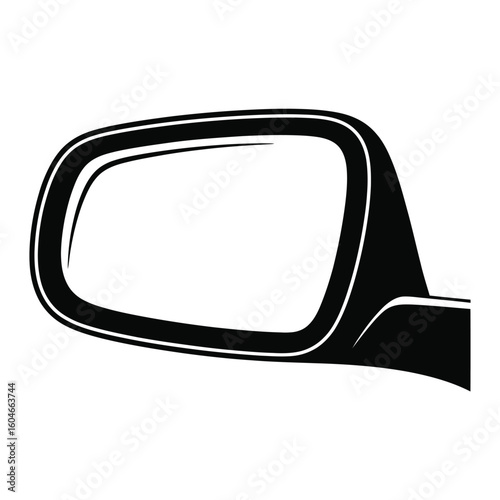 Stylized black and white illustration of a car side view mirror